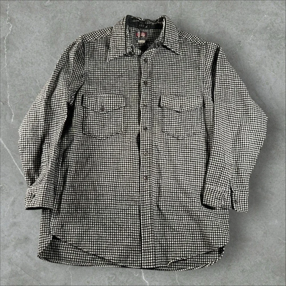 Vintage Woolrich Shirt Mens 16 Black White 1950s Checkered Long Sleeve Flannel